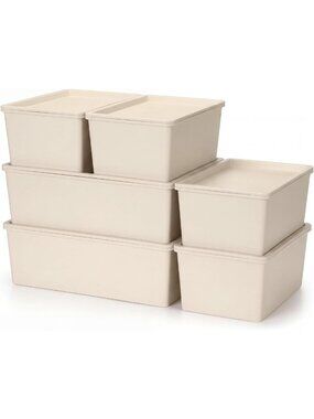 6 Pcs White Plastic Storage Bins with Lids - Large & Small Organizers for Home